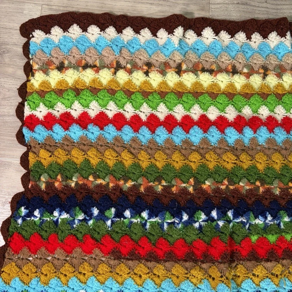 Vtg Vibrant Handmade Crochet Afghan Blanket Retro‎ Earth Tones 70s Ripple 58x37